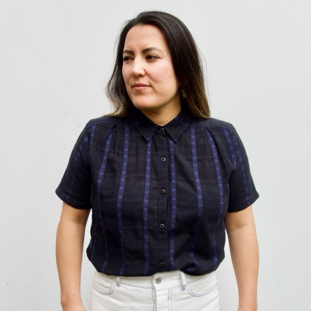 Ace & Jig Winnie Top in Anemone. Blue short sleeve button up with small collar.
